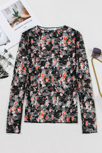 Black Red Floral Mesh Sheer Long Sleeve Top