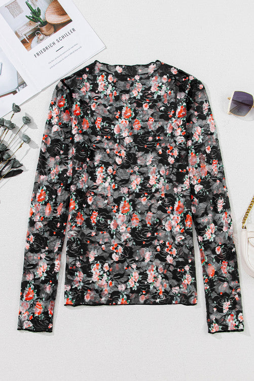 Black Red Floral Mesh Sheer Long Sleeve Top