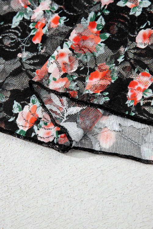 Black Red Floral Mesh Sheer Long Sleeve Top