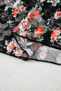 Black Red Floral Mesh Sheer Long Sleeve Top