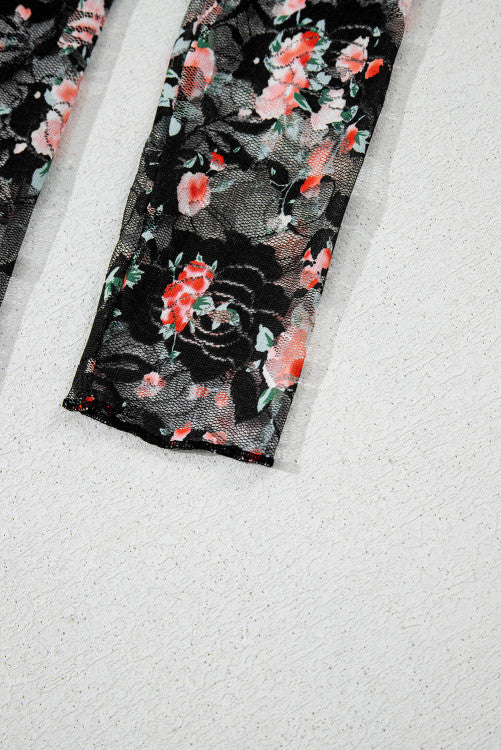Black Red Floral Mesh Sheer Long Sleeve Top