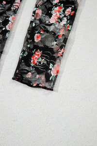 Black Red Floral Mesh Sheer Long Sleeve Top