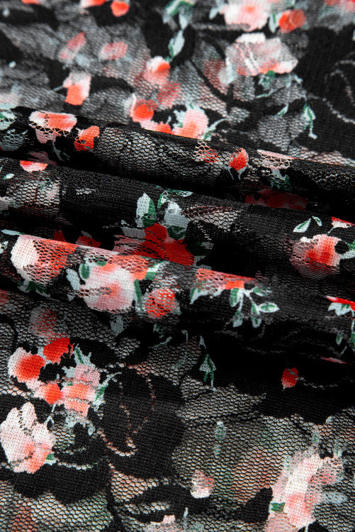 Black Red Floral Mesh Sheer Long Sleeve Top