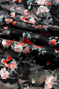 Black Red Floral Mesh Sheer Long Sleeve Top