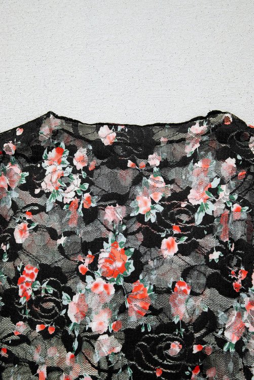 Black Red Floral Mesh Sheer Long Sleeve Top