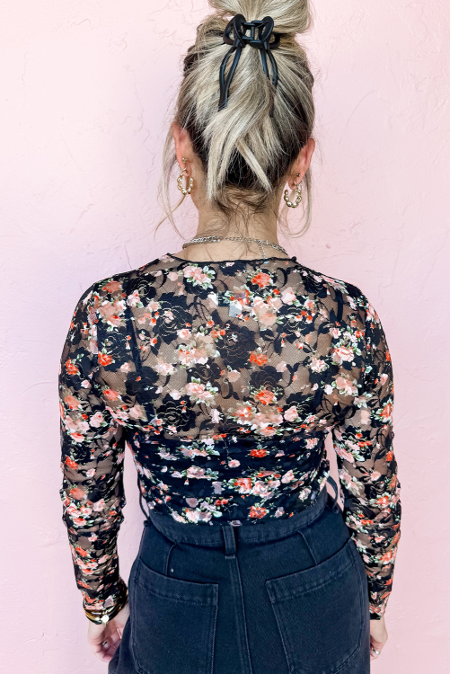 Black Red Floral Mesh Sheer Long Sleeve Top