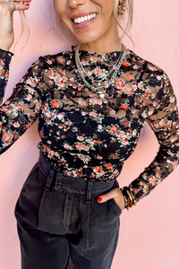 Black Red Floral Mesh Sheer Long Sleeve Top