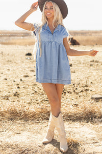 Light Wash Cap Sleeve High Waist Denim Babydoll Dress