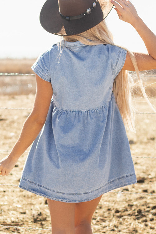 Light Wash Cap Sleeve High Waist Denim Babydoll Dress