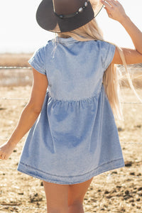 Light Wash Cap Sleeve High Waist Denim Babydoll Dress
