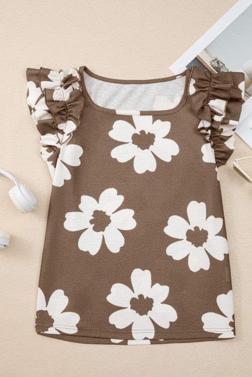 Brown & White Floral Ruffly Flutter Sleeve Waffle Knit Shirt