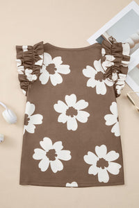Brown & White Floral Ruffly Flutter Sleeve Waffle Knit Shirt
