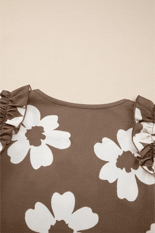 Brown & White Floral Ruffly Flutter Sleeve Waffle Knit Shirt