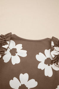 Brown & White Floral Ruffly Flutter Sleeve Waffle Knit Shirt