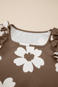 Brown & White Floral Ruffly Flutter Sleeve Waffle Knit Shirt