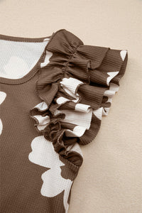 Brown & White Floral Ruffly Flutter Sleeve Waffle Knit Shirt