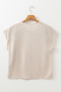 Light Sand Geometric Embroidered Short Dolman Sleeve Tassel Tied V-Neck Blouse