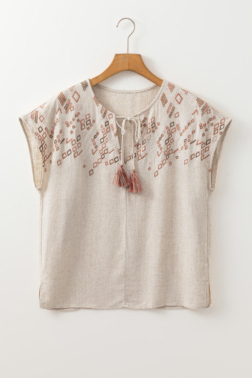 Light Sand Geometric Embroidered Short Dolman Sleeve Tassel Tied V-Neck Blouse