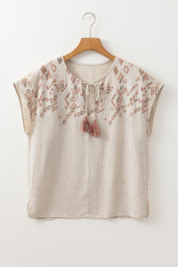 Light Sand Geometric Embroidered Short Dolman Sleeve Tassel Tied V-Neck Blouse