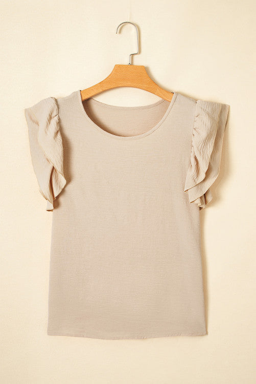 Beige Ruffled Cap Sleeve Textured Blouse
