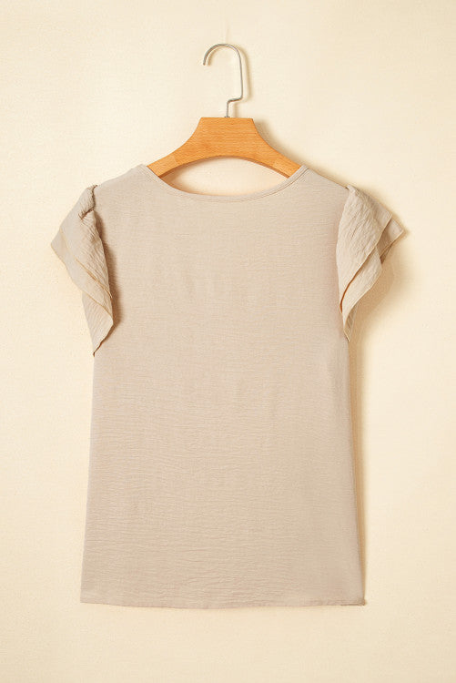 Beige Ruffled Cap Sleeve Textured Blouse