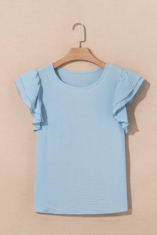Sky Blue Ruffled Cap Sleeve Textured Blouse