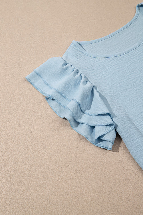 Sky Blue Ruffled Cap Sleeve Textured Blouse