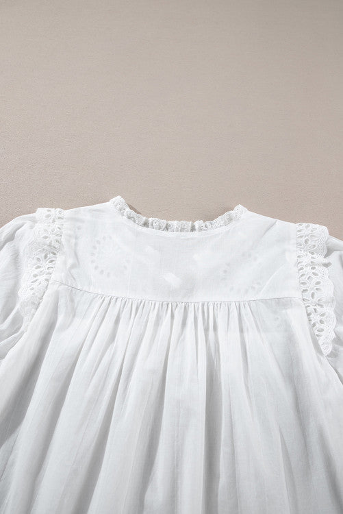 White Eyelet V-Neck Tie Puff Short Sleeve Cotton Blouse