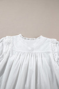 White Eyelet V-Neck Tie Puff Short Sleeve Cotton Blouse