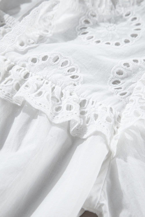White Eyelet V-Neck Tie Puff Short Sleeve Cotton Blouse