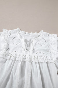 White Eyelet V-Neck Tie Puff Short Sleeve Cotton Blouse