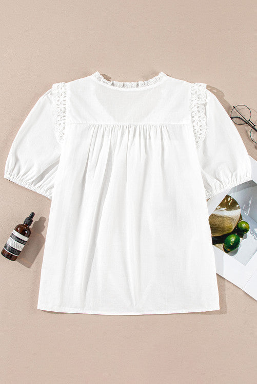 White Eyelet V-Neck Tie Puff Short Sleeve Cotton Blouse