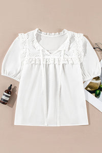 White Eyelet V-Neck Tie Puff Short Sleeve Cotton Blouse