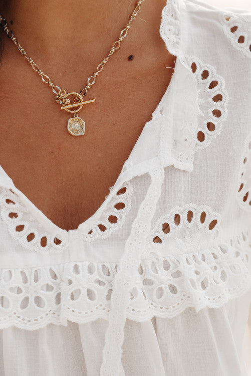 White Eyelet V-Neck Tie Puff Short Sleeve Cotton Blouse