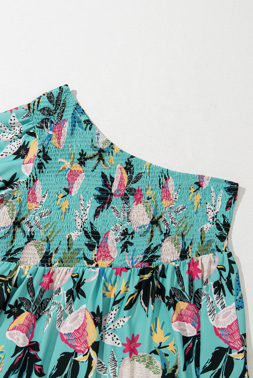 Tropical Teal Plus Size Smocked One Shoulder  Babydoll Blouse
