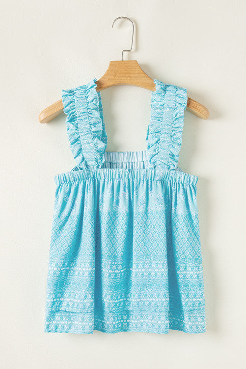 Sky Blue Paisley Print Ruffled Strap Tank Top