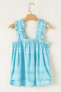 Sky Blue Paisley Print Ruffled Strap Tank Top