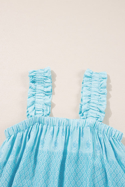 Sky Blue Paisley Print Ruffled Strap Tank Top