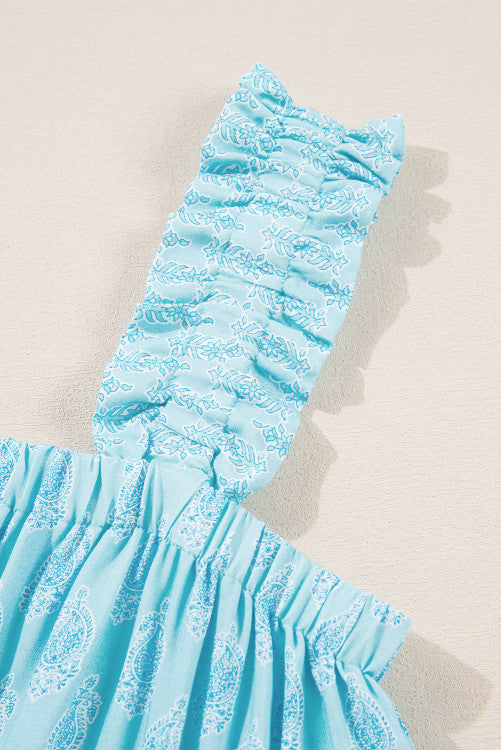 Sky Blue Paisley Print Ruffled Strap Tank Top