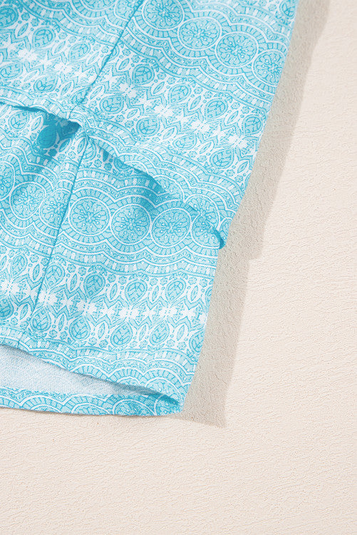 Sky Blue Paisley Print Ruffled Strap Tank Top