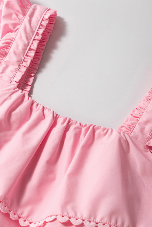 Pink Tiered Heart Trim Square Neck Flutter Sleeve Tank