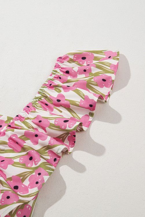 Plus Size Pink Floral Print Square Neck Ruffled Maxi Sun Dress