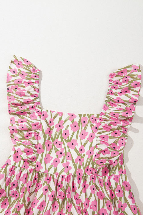Plus Size Pink Floral Print Square Neck Ruffled Maxi Sun Dress
