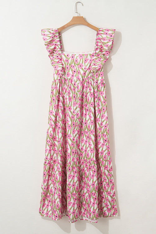 Plus Size Pink Floral Print Square Neck Ruffled Maxi Sun Dress