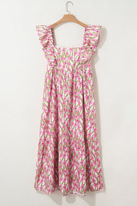 Plus Size Pink Floral Print Square Neck Ruffled Maxi Sun Dress