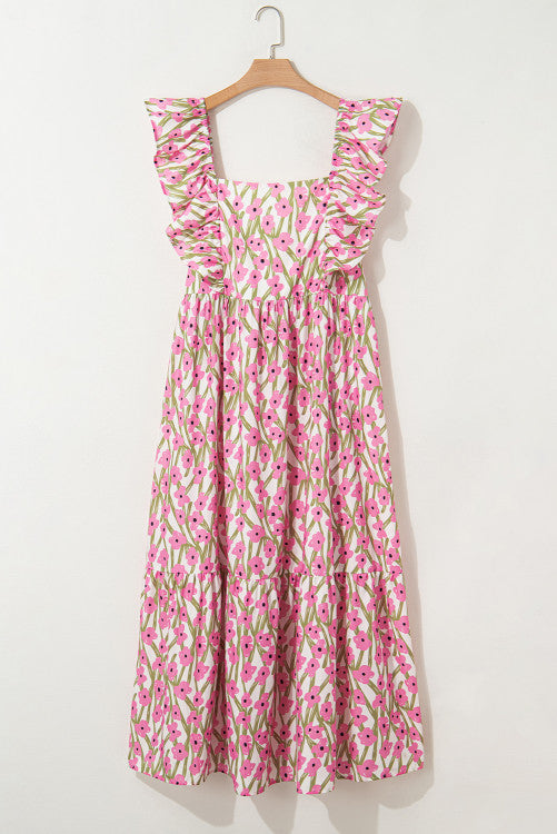 Plus Size Pink Floral Print Square Neck Ruffled Maxi Sun Dress