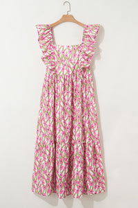 Plus Size Pink Floral Print Square Neck Ruffled Maxi Sun Dress