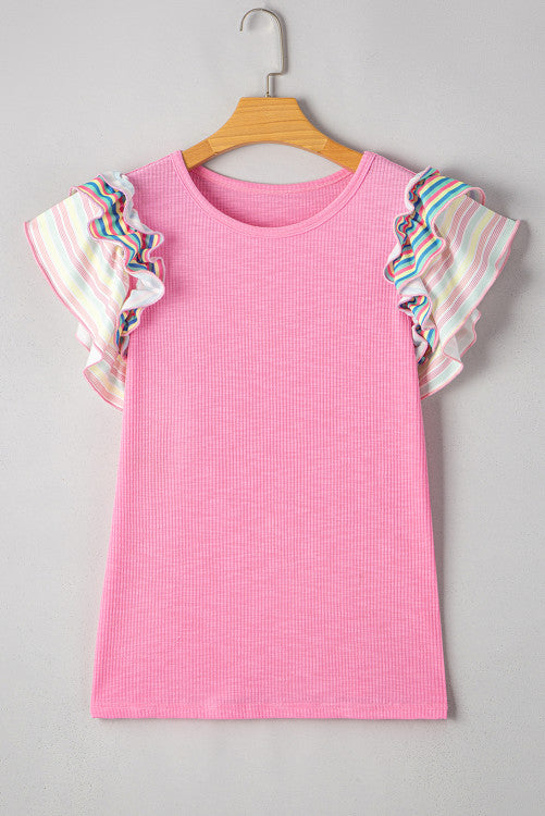 Pink Striped Ruffled Flutter Sleeve Ribbed Knit Blouse