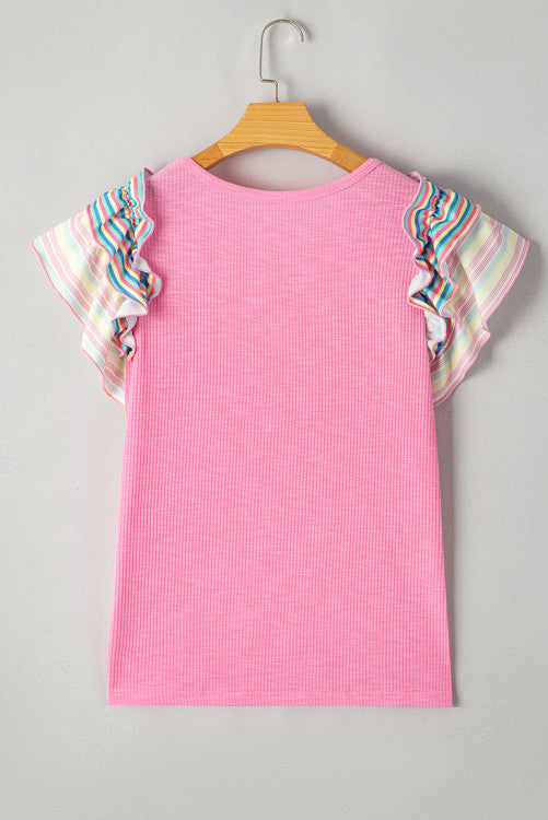 Pink Striped Ruffled Flutter Sleeve Ribbed Knit Blouse
