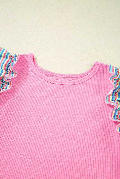 Pink Striped Ruffled Flutter Sleeve Ribbed Knit Blouse